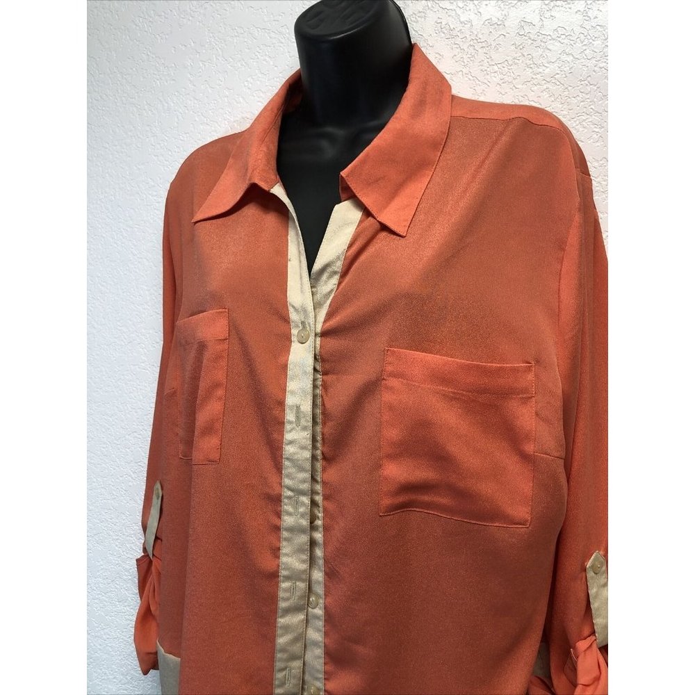 Notations Peach Color Block Button Up Womens Roll… - image 4